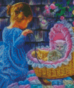 Baby Girl And Kittens In Basket Diamond Paintings