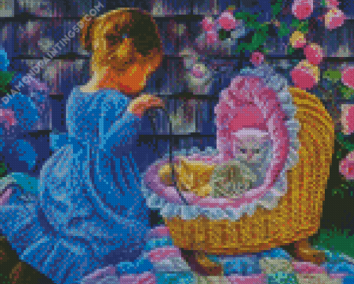 Baby Girl And Kittens In Basket Diamond Paintings