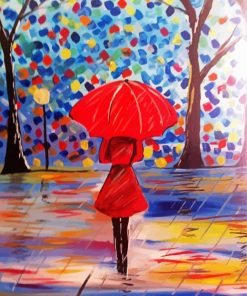 Girl With Red Umbrella Under Rain Art Diamond Paintings