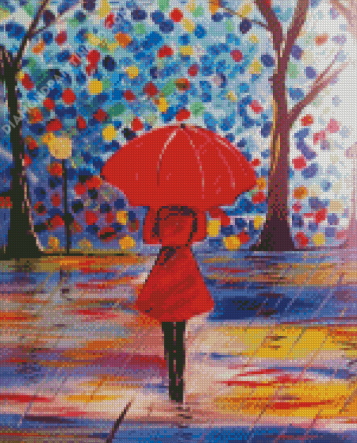 Girl With Red Umbrella Under Rain Art Diamond Paintings