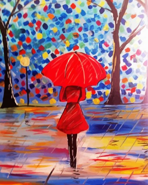 Girl With Red Umbrella Under Rain Art Diamond Paintings