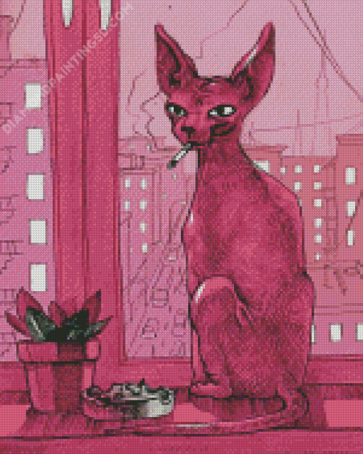 Pink Cat Smoking Diamond Paintings