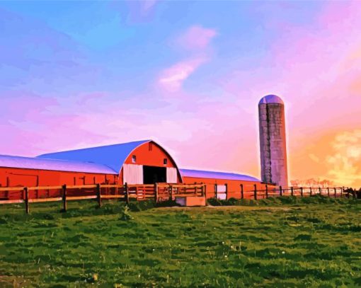 Sunset Farm Barn With Silo Diamond Paintings