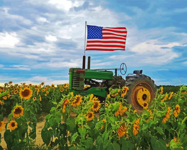 Tractor With Sunflowers Field Diamond Paintings