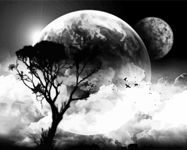 Moon And Trees Black And White Diamond Paintings