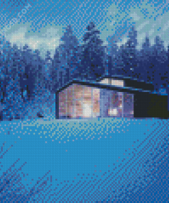 Lake Cabin In Snow Diamond Paintings