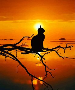 Lonely Cat Silhouette On Tree At Sunset Diamond Paintings