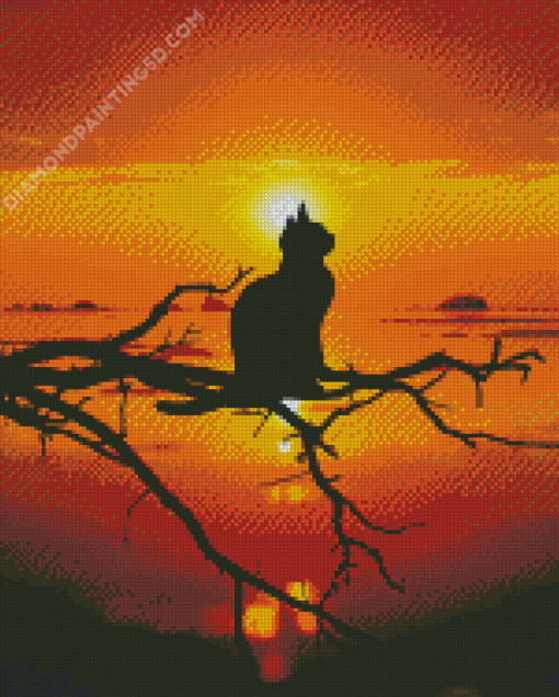 Lonely Cat Silhouette On Tree At Sunset Diamond Paintings