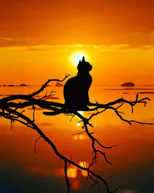 Lonely Cat Silhouette On Tree At Sunset Diamond Paintings