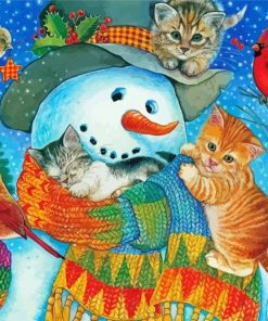 Cat And Kitten Snuggling With Snowman Diamond Paintings