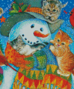 Cat And Kitten Snuggling With Snowman Diamond Paintings