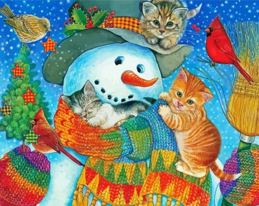 Cat And Kitten Snuggling With Snowman Diamond Paintings