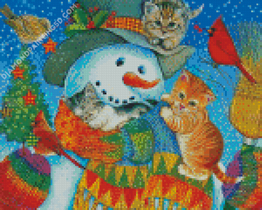 Cat And Kitten Snuggling With Snowman Diamond Paintings