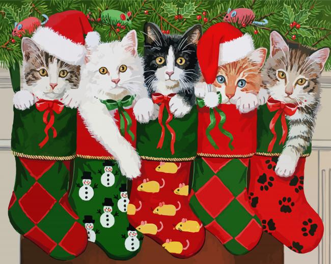 Christmas Cats In Stockings Diamond Paintings