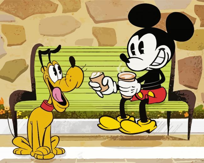 Mickey Mouse And Pluto Drinking Coffee Diamond Paintings