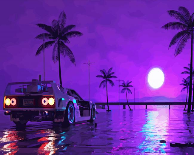 Palm Trees With Car At Night Diamond Paintings