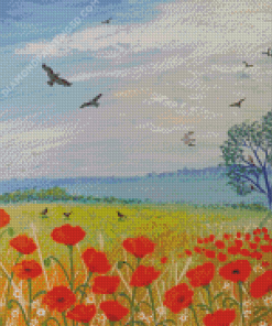 Poppies And Birds Diamond Paintings