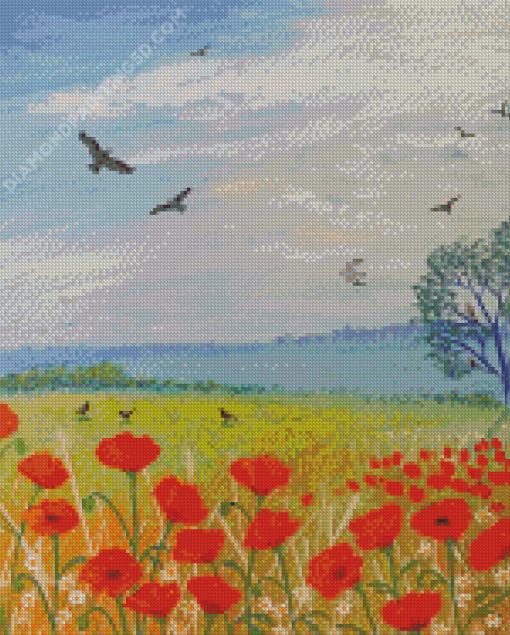 Poppies And Birds Diamond Paintings