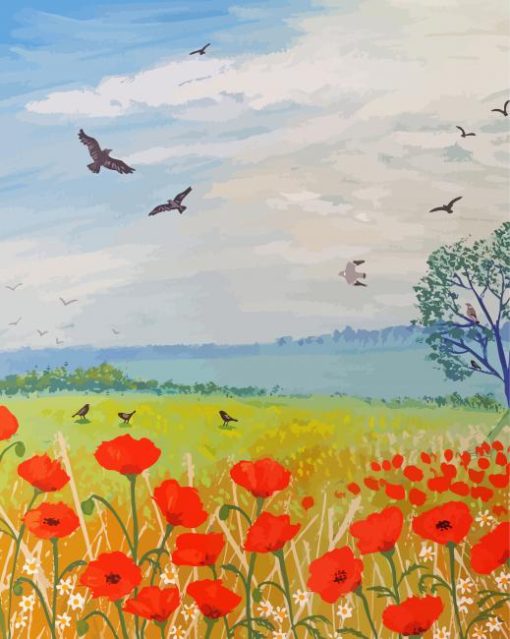 Poppies And Birds Diamond Paintings