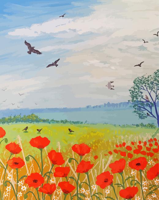 Poppies And Birds Diamond Paintings