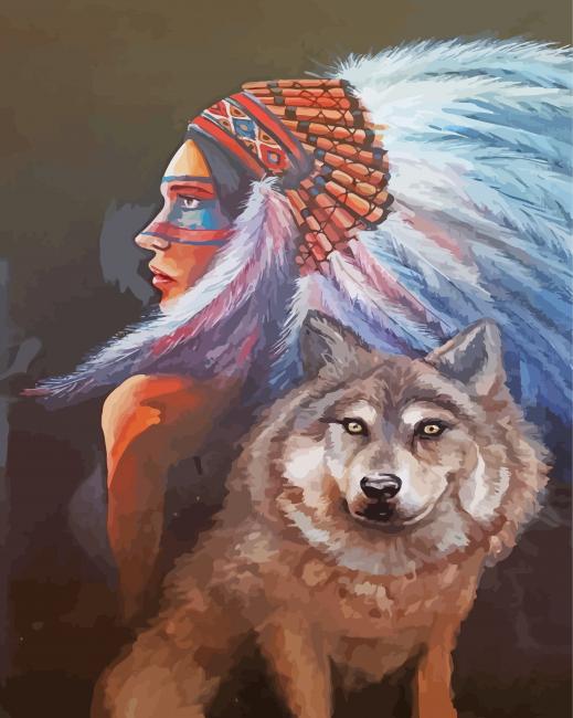 The Indian Woman And Wolf Diamond Paintings