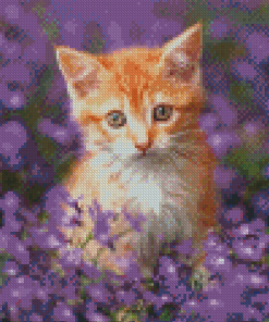 Aesthetic Kitten With Purple Flowers Diamond Paintings