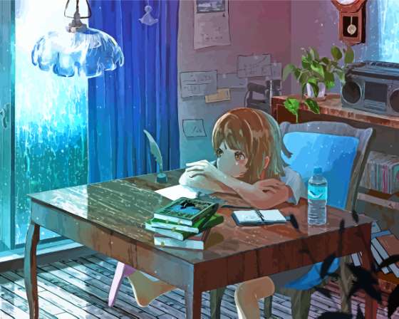 Cat And Girl Anime Watching Rain Diamond Paintings