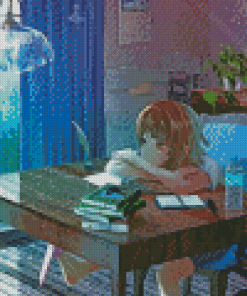 Cat And Girl Anime Watching Rain Diamond Paintings