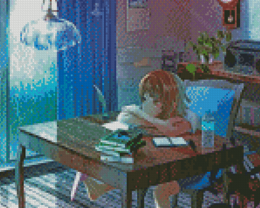 Cat And Girl Anime Watching Rain Diamond Paintings