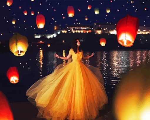 Girl And Lanterns In The Sky Diamond Paintings