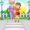 Girl Helping Old Woman Crossing The Road Diamond Paintings