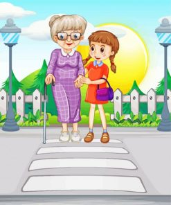 Girl Helping Old Woman Crossing The Road Diamond Paintings