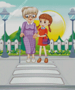 Girl Helping Old Woman Crossing The Road Diamond Paintings