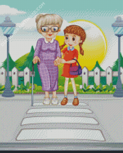 Girl Helping Old Woman Crossing The Road Diamond Paintings