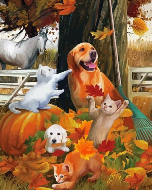 Horse With Cats And Dogs In Autumn Diamond Paintings