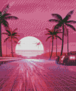 Retro Palm Trees With Car At Sunset Diamond Paintings