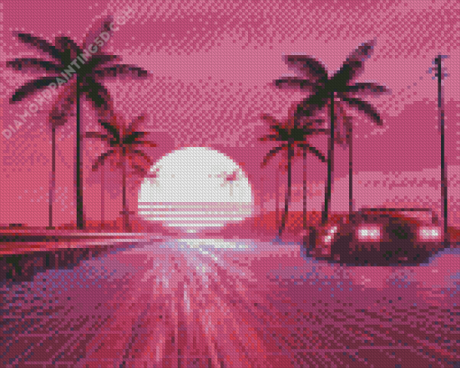 Retro Palm Trees With Car At Sunset Diamond Paintings