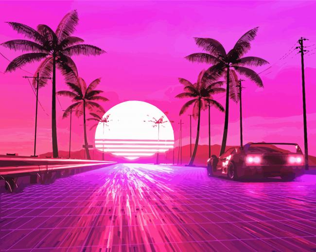 Retro Palm Trees With Car At Sunset Diamond Paintings