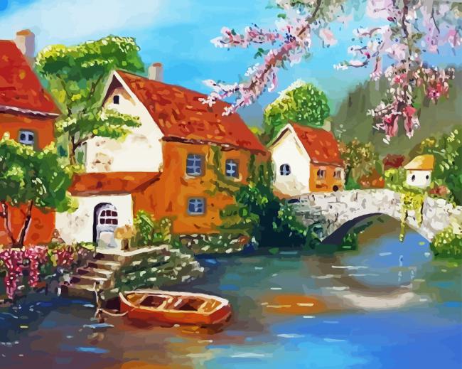 Abstract House Near The River Diamond Paintings