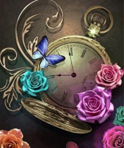 Aesthetic Clock And Flowers Diamond Paintings