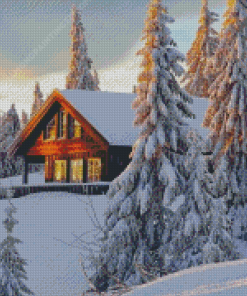 Aesthetic Norwegian Cabin in Snow Diamond Paintings