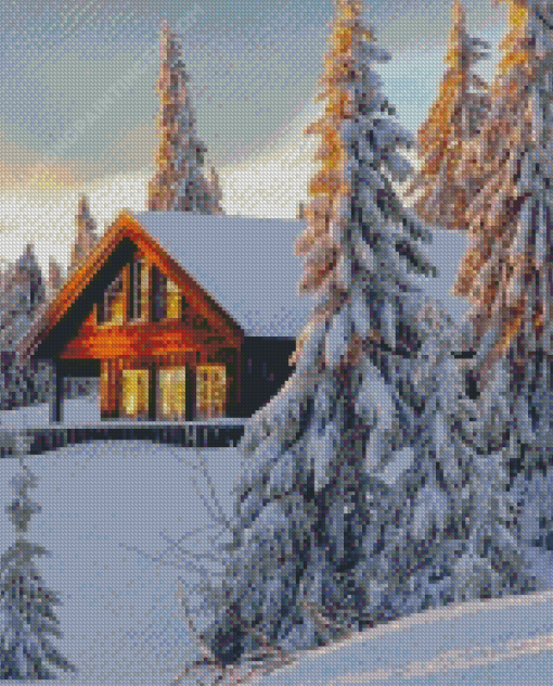 Aesthetic Norwegian Cabin in Snow Diamond Paintings