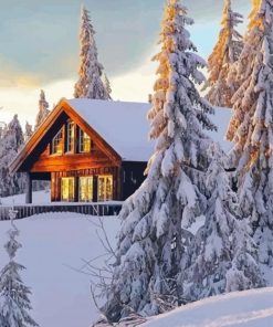 Aesthetic Norwegian Cabin in Snow Diamond Paintings