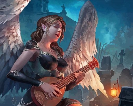 Sad Elf Angel Playing Mandolin Diamond Paintings