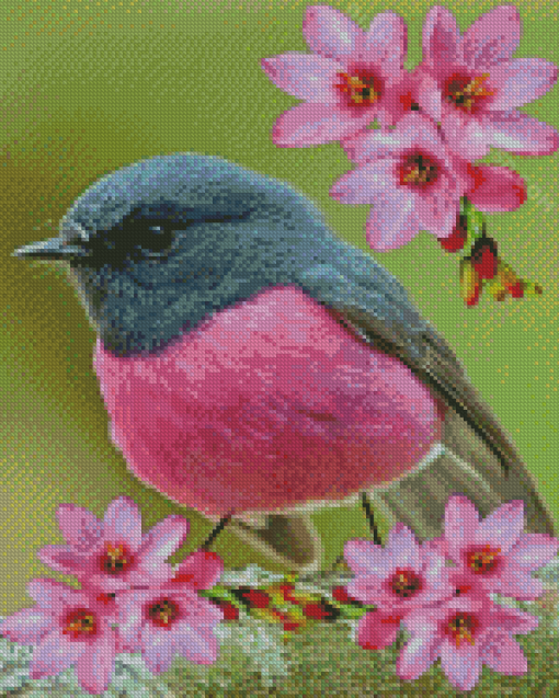 Rose Robin With Pink Flowers Diamond Paintings