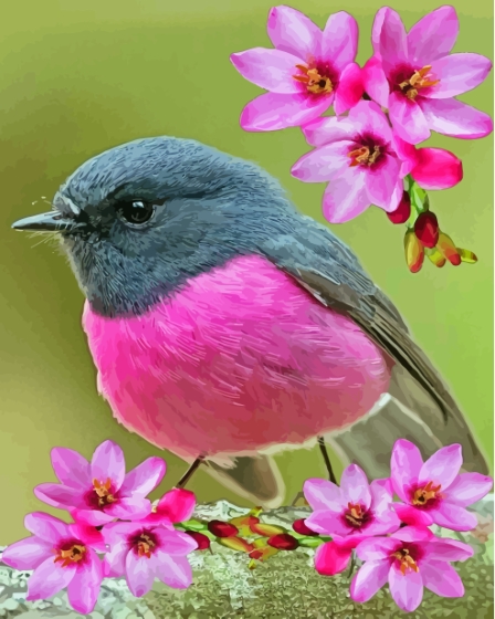 Rose Robin With Pink Flowers Diamond Paintings