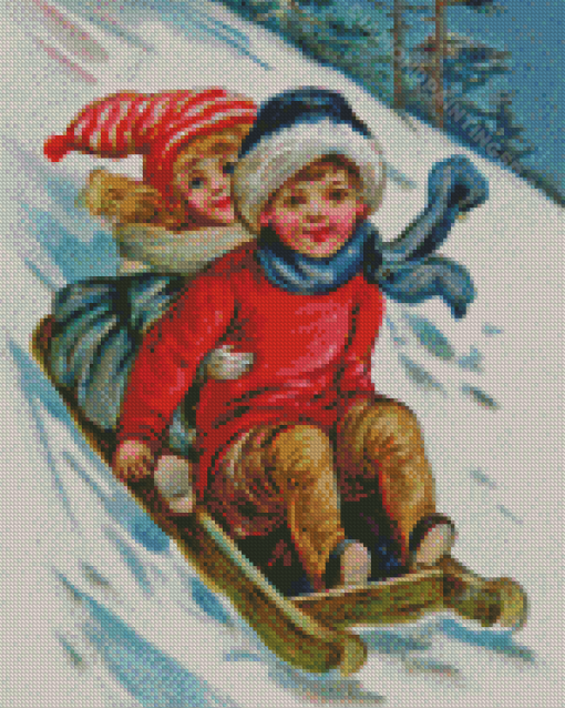 Siblings Sledding Diamond Paintings