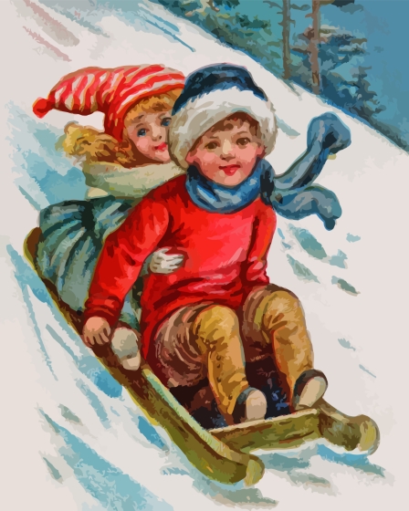 Siblings Sledding Diamond Paintings