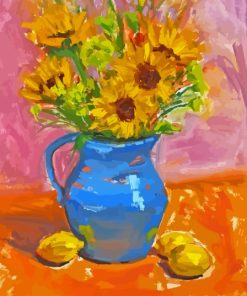 Sunflowers In Blue Vase With Lemons Diamond Paintings