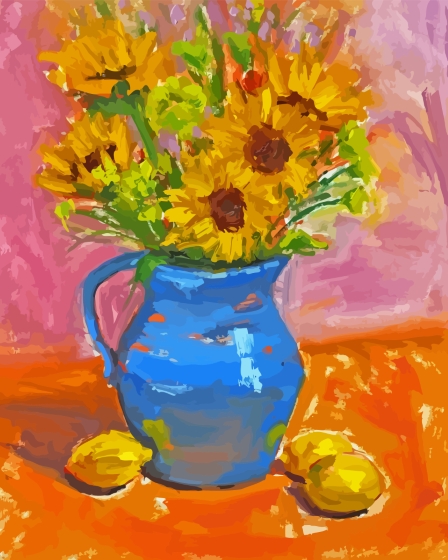 Sunflowers In Blue Vase With Lemons Diamond Paintings